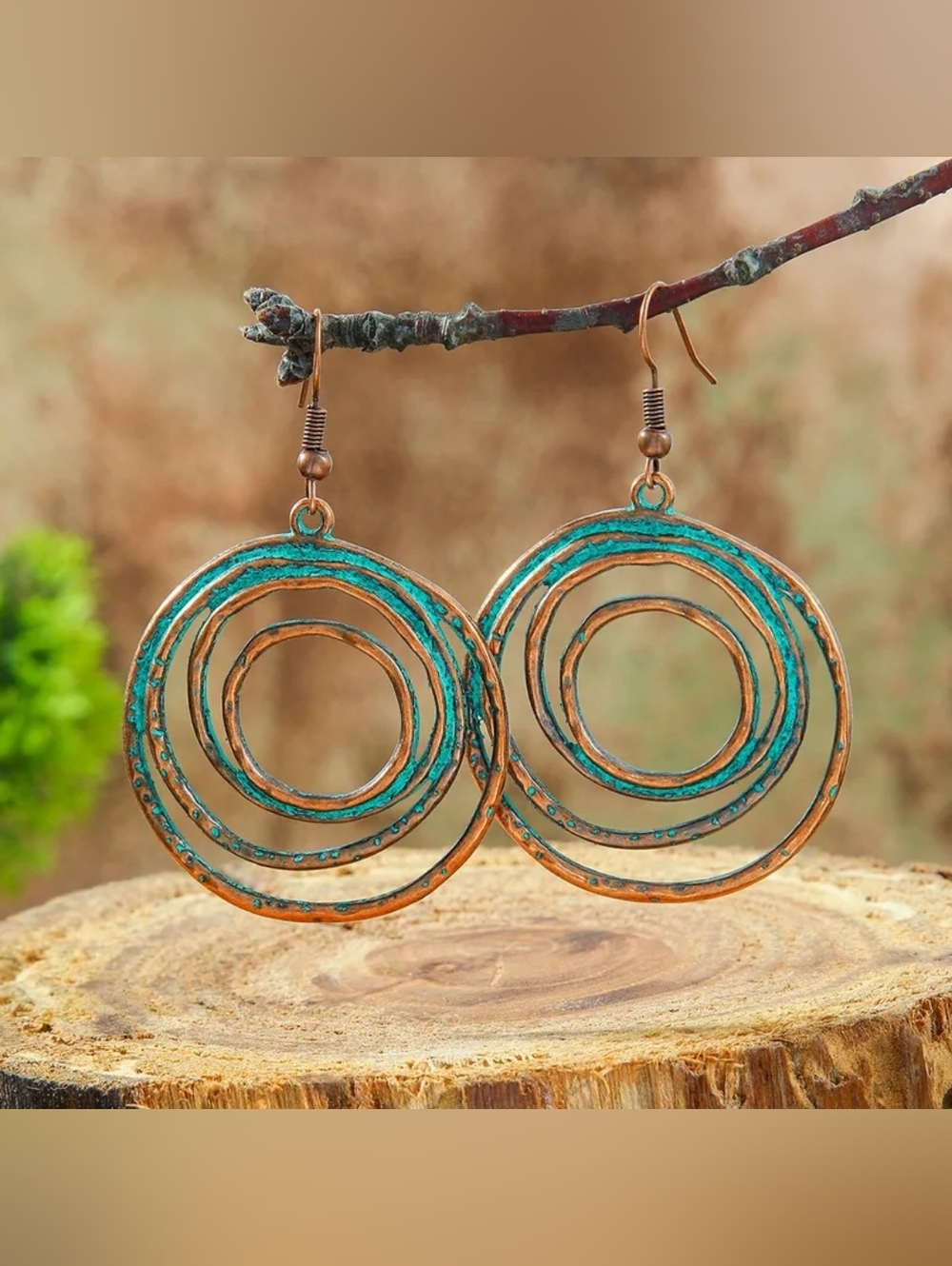 Patina Copper Spiral Hoop Earrings - Turquoise and Copper